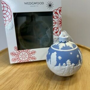 Wedgwood Christmas Blue Ball "Build Snowman" Christmas Ornament In Original Box
